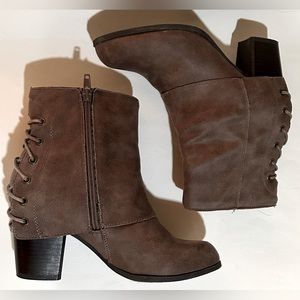 Fergalicious ankle boots | corset backing | stacked heel 2.75 in | Trina Bootie